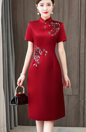 Red Bride Mothers Appliques Mid Qipao Cheongsam Dress