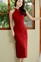 Red Halter Jacquard Wedding Bride Qipao Cheongsam Dress