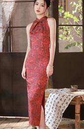 2023 Pink Jacquard Halter Cheongsam Qipao Dress