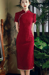 Beaded Red Lace Mid Wedding Qipao Cheongsam Dress