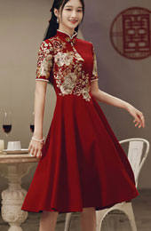 Red Appliques Mid Fit & Flare Wedding Qipao Cheongsam Dress