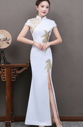 White Beaded Split Front Long Qipao / Cheongsam Dress