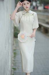 Embroidered Chiffon Bell Sleeve Qipao / Cheongsam Dress