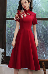 Burgundy Embroidered Midi A-Line Qipao / Cheongsam Wedding Dress