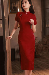 Red Jacquard Mid Wedding Qipao Cheongsam Dress