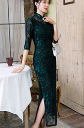 Mothers Red Green Velvet Maxi Qipao / Cheongsam Dress