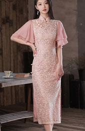 Pink Lace Flutter Sleeve Tea Qipao Cheongsam Dress