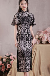 2023 Floral Chiffon Flutter Sleeve Qipao Cheongsam Dress