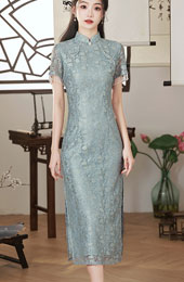 2023 Blue Pink Lace Mid Tea Qipao Cheongsam Dress