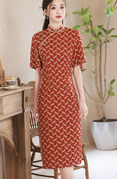 2023 Summer Red Stripe Mid Qipao Cheongsam Dress