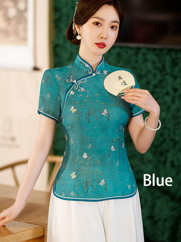 2023 Summer Floral Linen Cheongsam Blouse Top