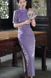 Purple Shimmery Jacquard Silk Qipao Cheongsam Dress
