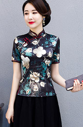 Black Floral Qipao / Cheongsam Blouse Top