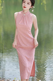 Pink Yellow Jacquard Halter Cheongsam Qipao Dress