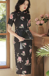 Black Rose Print Chiffon Cheongsam Qipao Dress