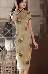 Green Floral Print Midi Cheongsam Qipao Dress