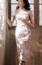 Pink Plaid Midi Cheongsam Qipao Dress