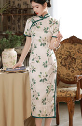 Summer White Gardenia Print Midi Qipao Cheongsam Dress