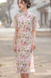 Pink Floral Chiffon Flutter Sleeve Cheongsam Qipao Dress