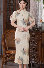 Ivory Rose Print Midi Qipao Cheongsam Dress