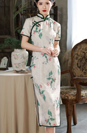 White Floral Jacquard Midi Qipao Cheongsam Dress