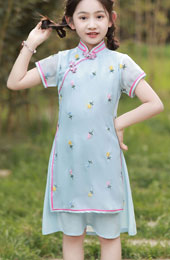 2023 Blue Embroidered Kids Girls Cheongsam Qipao Dress