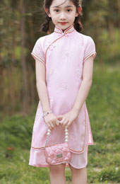 Pink Jacquard Kids Girls Cheongsam Qipao Dress