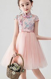 Blue Pink Flower Girls Embroidered Tulle Cheongsam Qipao Dress