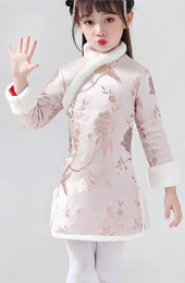 Pink Floral Woven Kids Girl's Qipao / Cheongsam Winter Dress