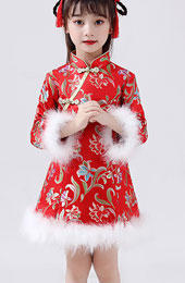 Red A-Line Kids Girls Qipao / Cheongsam Winter Dress