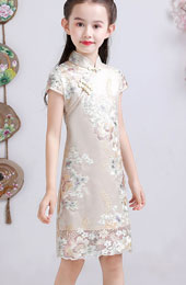 Embroidered Overlay Kids Girls Qipao / Cheongsam Dress
