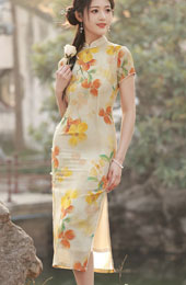 2023 Yellow Floral Linen Midi Cheongsam Qipao Dress