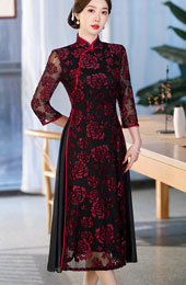 Red Mothers Floral A-Line Cheongsam Qipao Dress