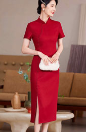 Red Bride Mothers Midi Wedding Cheongsam Qipao Dress