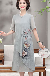 Red Gray Floral Mothers Summer Qipao Cheongsam Dress