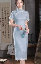 Blue Jacquard Midi Cheongsam Qipao Dress