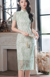 Green Yellow Floral Lace Midi Cheongsam Qipao Dress