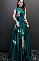 Green Blue Fit & Flare Full Length Qipao Cheongsam Dress