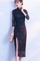 Black Embroidered Split Front Qipao / Cheongsam Evening Dress