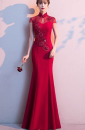 Burgundy Fishtail Bride Qipao Cheongsam Wedding Dress