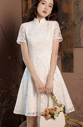 White Floral Lace A-Line Qipao Cheongsam Dress