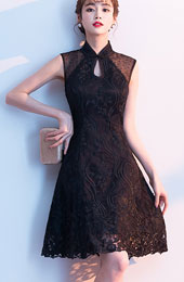 Black Floral Lace A-Line Qipao Cheongsam Dress