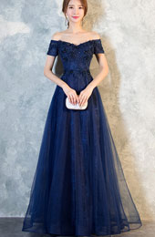 Blue Off The Shoulder Full-Length Tulle Prom Dress
