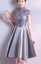 Gray Appliques A-line Cheongsam Qipao Dress