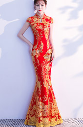 Red Sequined Fishtail Qipao / Cheongsam Wedding Dress