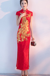 Red Lace Phoenix Split Qipao / Cheongsam Wedding Dress