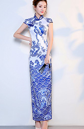 Blue and White Dragon Woven Qipao / Cheongsam Party Dress