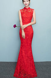 Red White Lace Fishtail Wedding Qipao Cheongsam Dress