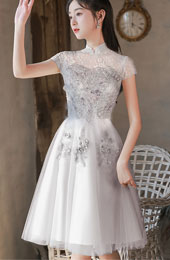 Gray Beige A-line Tulle Bridesmaid Cheongsam Qipao Dress