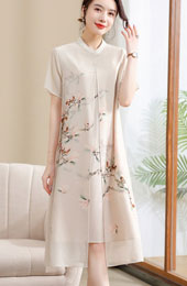 Pink Beige Mothers Floral Print Chiffon Qipao Cheongsam Dress